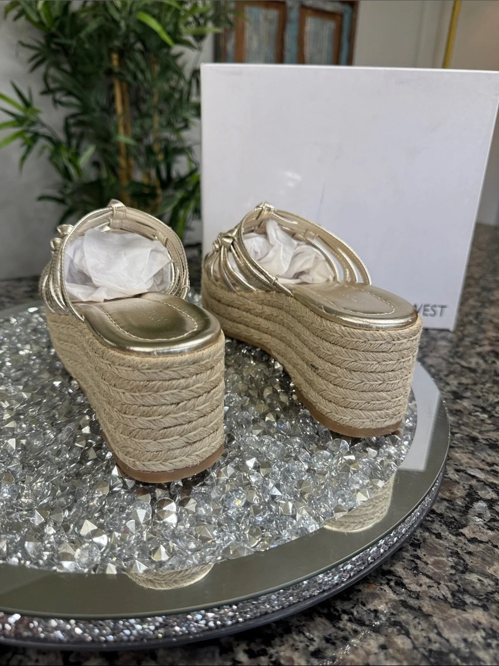 Nine West Metallic Gold Braided Espadrille Platform Slides NEW 8